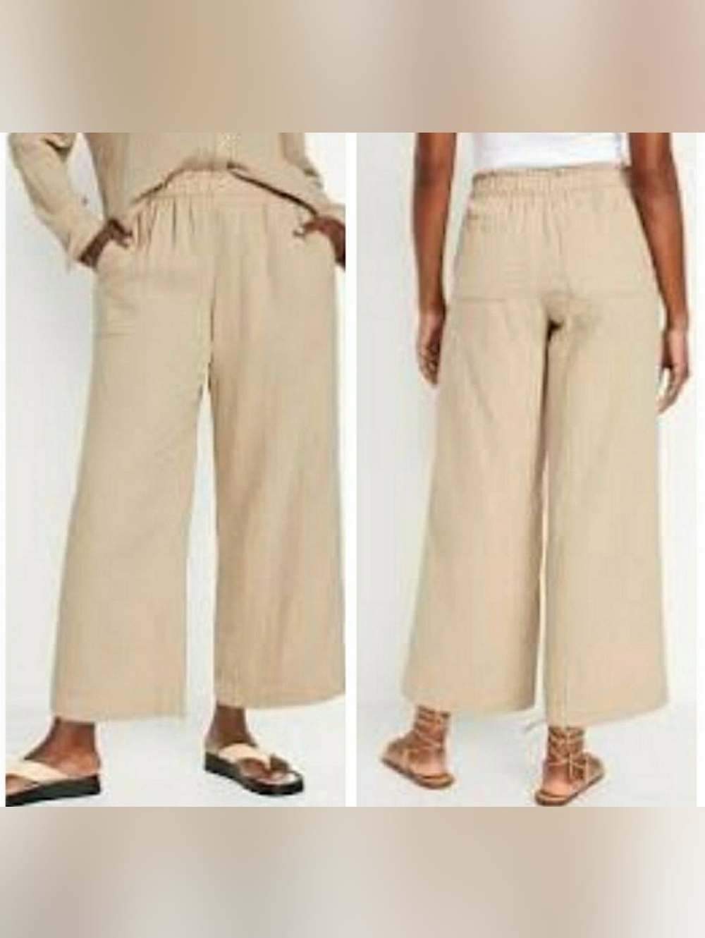 Old Navy Wide Leg Elastic Waist Crop Pants Beige Cotton Crinkle Comfort Small P1